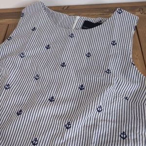 Blue White Striped Nautical Anchor Print Dress with Scalloped Hem